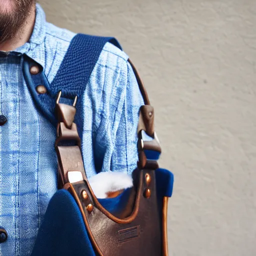 Image similar to close up headshot of a frowning clean shaven pudgy British lad with short curly dark brown hair as a hobbit wearing a white men's crossbody sling chest bag and blue vest, blue vest!! white crossbody chestbag!! high resolution film still, by Sarah Moon