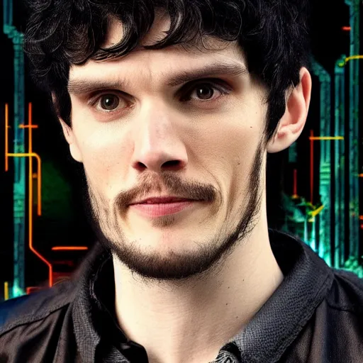 Image similar to Colin Morgan as Cyberpunk Merlin