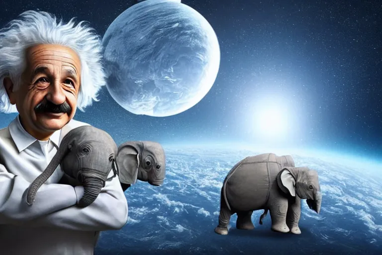 Prompt: still fullbody photo of sad albert einstein in spacesuit in space, flat earth on elephants and turtle at background, highly detailed, photorealistic shot, bright studio setting, studio lighting, crisp quality and light reflections, unreal engine 5 quality render