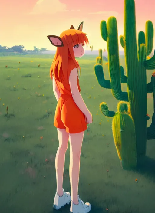 Image similar to portrait of cute redhead girl in orange jumpsuit with fox ears, holding a cactus, cloudy sky background lush landscape illustration concept art anime key visual trending pixiv fanbox by wlop and greg rutkowski and makoto shinkai and studio ghibli