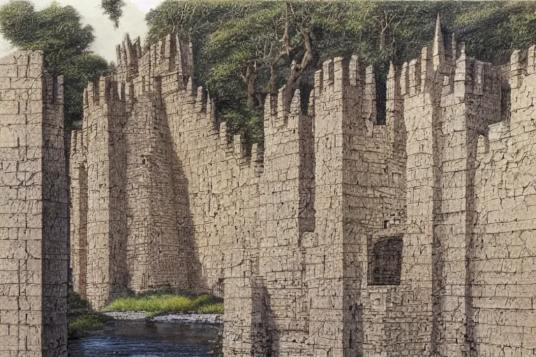 Prompt: castellated ashlar astride river by john howe and by daniel falconer and by don maitz, image is of a type of stone architecture called castellated ashlar. it is characterized by its symmetrical design and clean, sharp lines, matte painting