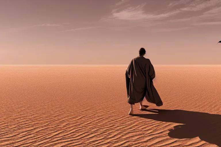 Image similar to guy with a robe walking through a desert with high speed winds, 2 d perspective, wind, 8 k, ultra detailed, award winning, trending on artstationhd, epic, dramatic, cinematic,