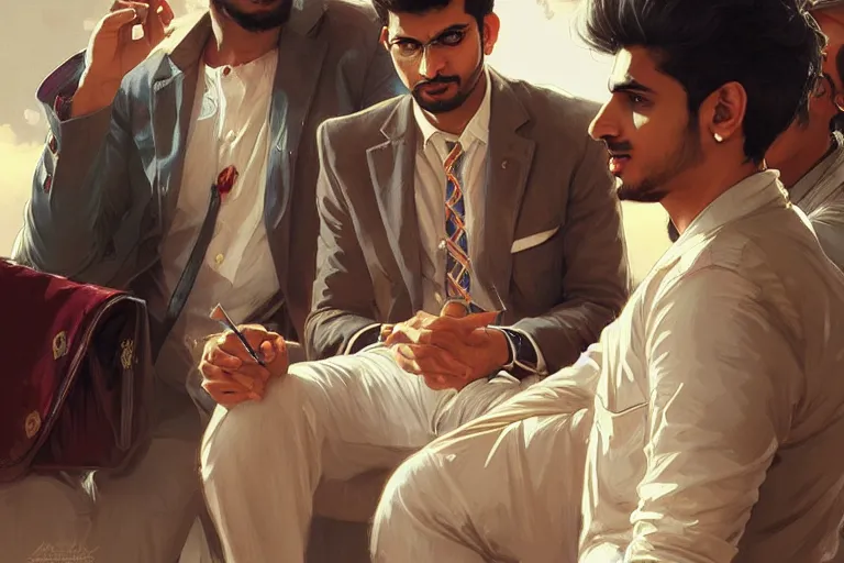 Image similar to Enraged good looking pale young Indian doctors wearing American clothes chatting at the airport, portrait, elegant, intricate, digital painting, artstation, concept art, smooth, sharp focus, illustration, art by artgerm and greg rutkowski and alphonse mucha