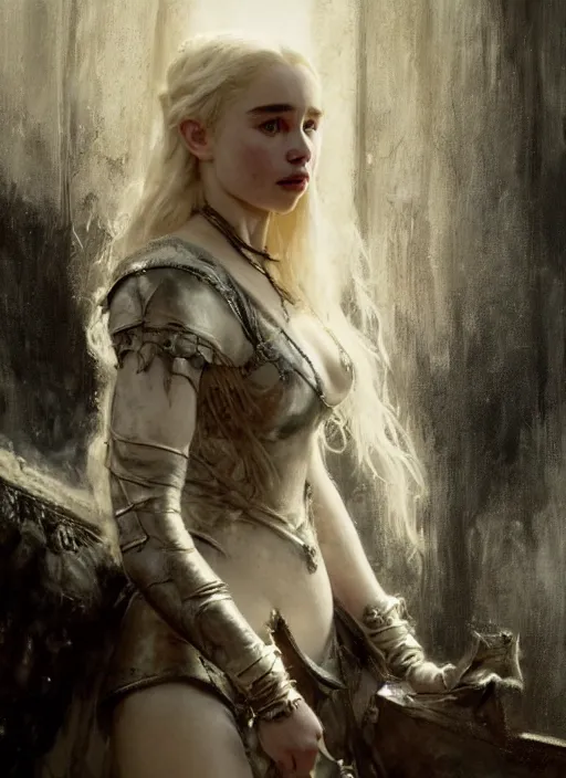 Image similar to young blonde vampire emilia clarke long fangs wearing black medieval armour, by gaston bussiere, bayard wu, greg rutkowski, giger, maxim verehin, greg rutkowski, masterpiece, sharp focus, cinematic lightning