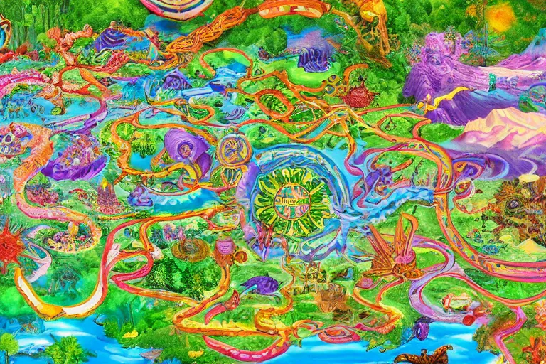 Prompt: Map of a psychedelic realm in the style of a theme park map highly detailed, full color, in the style of the voynich manuscript as painted by lisa frank and bob ross, unreal engine