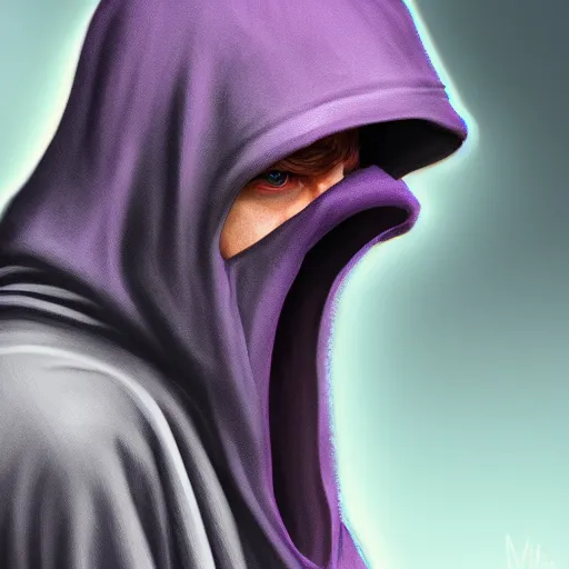 Image similar to ultra realistic illustration, man in a black hood, in a striped purple balaclava, mysterious, highly detailed, digital painting, artstation, concept art, smooth, sharp focus, illustration