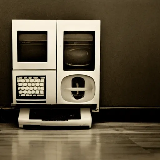 Prompt: vintage apple computer on floor in the middle of a large museum, black and white polaroid