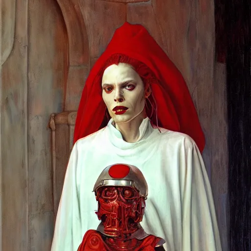 Prompt: portrait of a priestess, wearing all - white clothes, and a red helmet, by gerald brom, donato giancola, and berthold woltze.