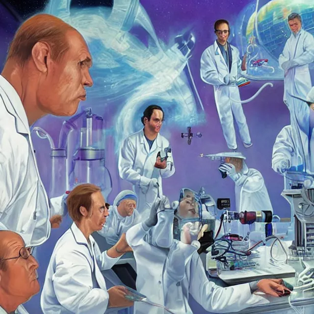 Image similar to engineers and scientists in labcoats confront a malevolent computer, glowing digital runes, panicked scientists in the background, ( futurism ), rhads!!!, james gurney, ( art fitzpatrick ), ( asaf hanuka ), ( ( barclay shaw ) ), ominous, saturday morning cartoon, clean linework, western animation