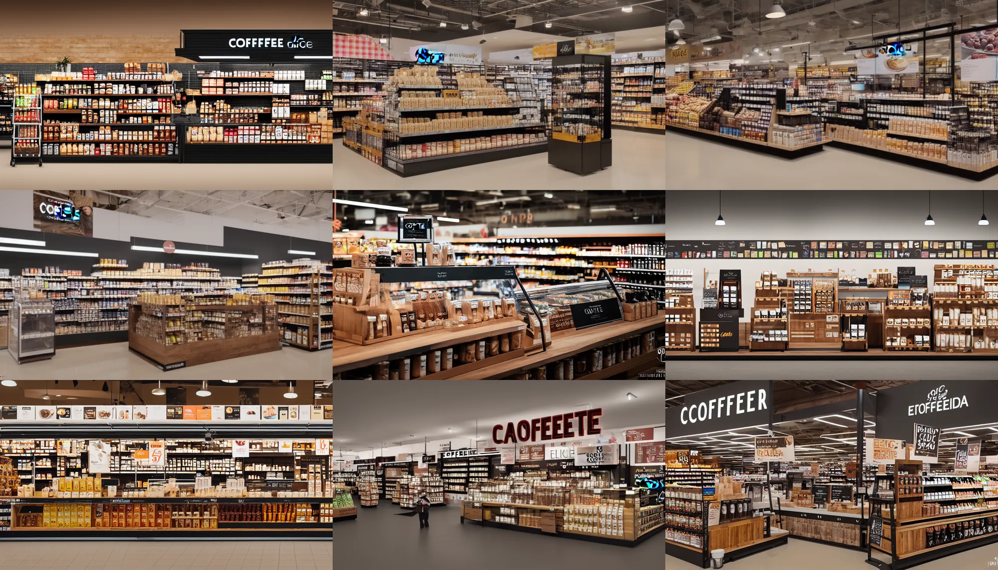 Prompt: modern display stand for coffee products, end off supermarket isle, epic composition, 8 k, beautiful cinematic light