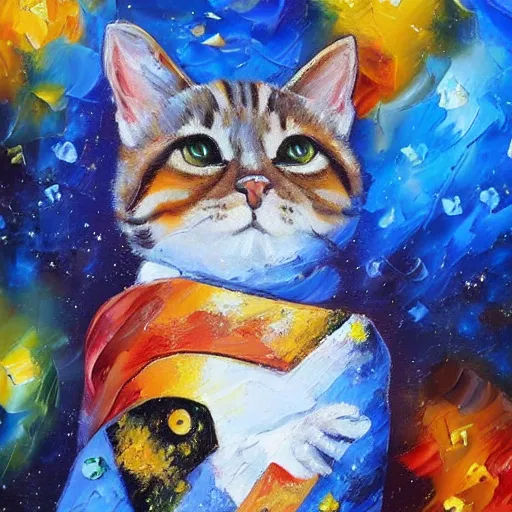 Image similar to palette knife oil painting of a cat in outer space