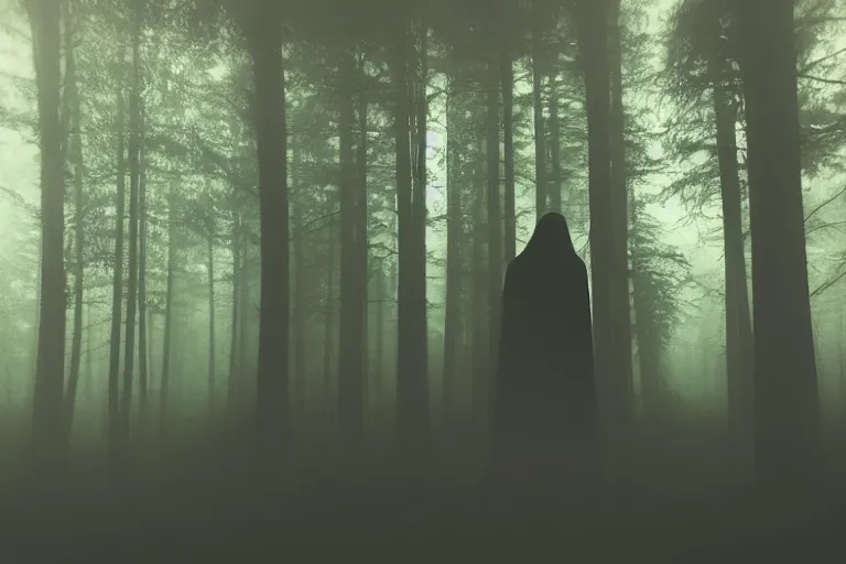 Image similar to a close shot of a grim reaper standing in a forest, detailed, style of flooko, mythical, mist, depressing, tired, dark, lush, nature, mist, mystery, glows, somber, dismal, fog, heavy fog, dark lighting, rim light, glow, ambient light, cybernetic, sci-fi,