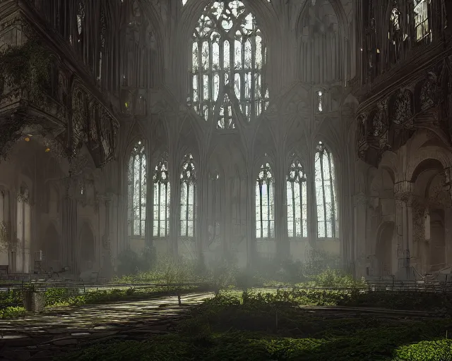 Image similar to Overgrown cathedral interior, broken windows, mild god rays, epic scale, cinematic lighting, dense vines hanging down from the high ceiling, digital art, trending on Artstation and Behance