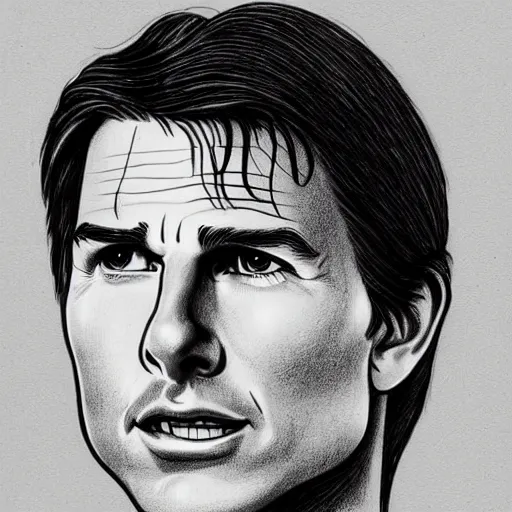 Image similar to a portrait drawing of Tom Cruise drawn by Robert Crumb