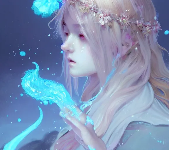 Prompt: beautiful ancient pastel frost witch, fire in eye, snow glow, pool party, highly detailed, digital painting, artstation, sharp focus, illustration, art by tan zi and ayanamikodon and alphonse mucha and wlop!!