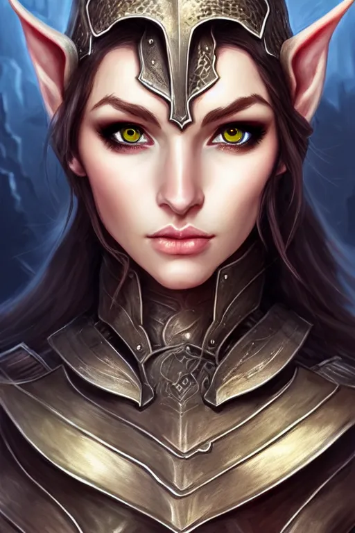 Prompt: head and shoulders portrait of an eldritch knight, elf, beautiful, female, breastplate, magical, high fantasy, d & d, by artgerm, face details, extremely detailed, digital illustration