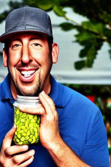 Prompt: a selfie of adam sandler eating a jar of pickles