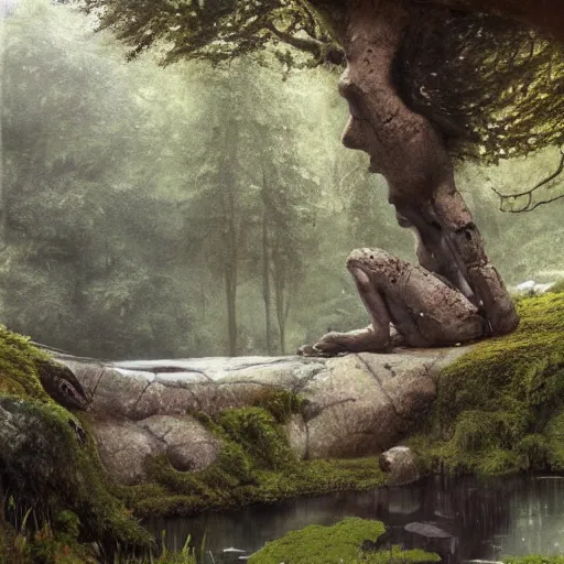 Prompt: ancient stone golem resting beside a pond inside a forest, muscular statue with moss, oil painting, by Greg Rutkowski