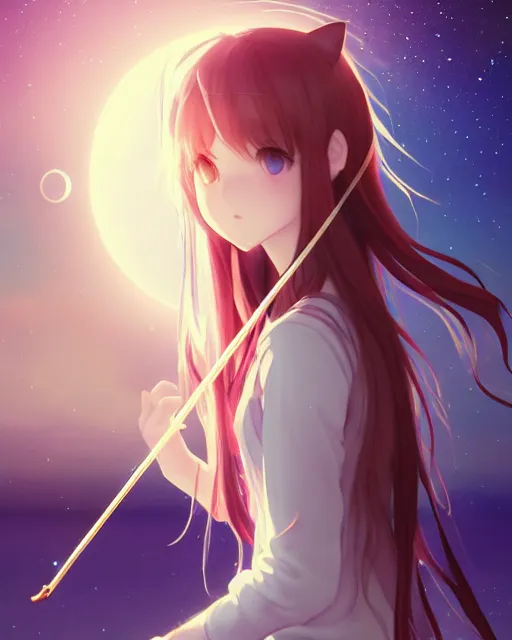 Image similar to teen, cute, melancholy, full body, cat girl, white skin, golden long wavy hair, holding a violin and playing a song, stunning art style, filters applied, lunar time, night sky, trending art, sharp focus, centered, landscape shot, fate zero, simple background, studio ghibly makoto shinkai yuji yamaguchi, by wlop