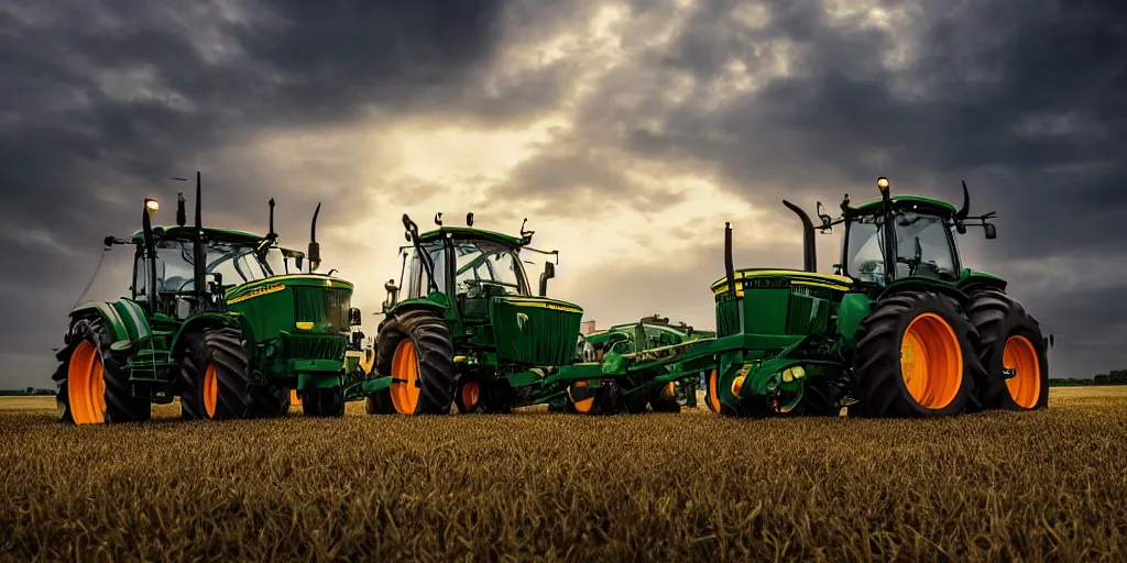 Prompt: a beautiful commercial photo of dutch protesting farmers in their john deere tractors, dramatic lighting, octane render, 4 k, hdr