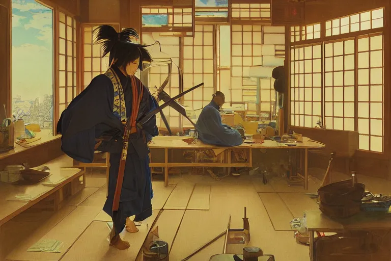 Prompt: japanese samurai working in a 6 0'office, late afternoon by tsviatko kinchev, makoto shinkai, linda wilder, alphonse mucha, oil painting, ultra detailed
