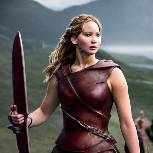 Image similar to first photos of 2 0 2 4 female 3 0 0 remake - jennifer lawrence as leonidas, ( eos 5 ds r, iso 1 0 0, f / 8, 1 / 1 2 5, 8 4 mm, postprocessed, crisp face, facial features )