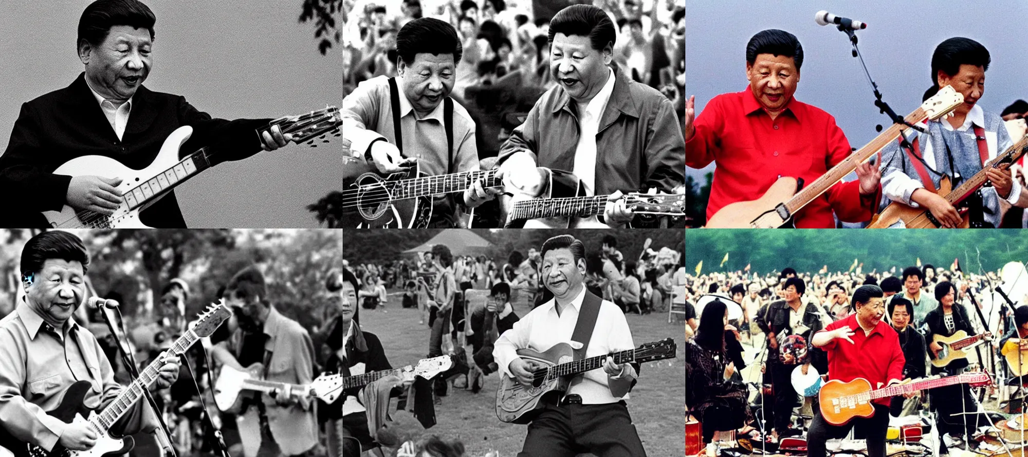 Prompt: Xi Jinping playing the guitar at Woodstock 1969