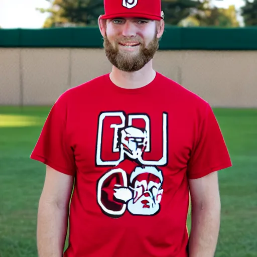 Image similar to tall white guy with a short blonde beard red nc state baseball hat and red shirt