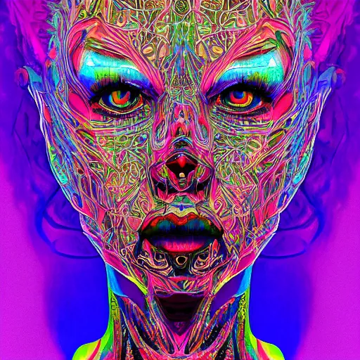 Prompt: extremely psychedelic cyborg queen of lsd. intricate, elegant, highly detailed, photorealistic digital painting, artstation.