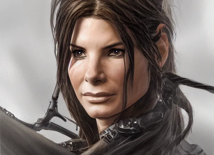 Image similar to face portrait of concentrated young Sandra Bullock as Lara Croft entering the large Minas Tirith gate, sun beams, intricate, elegant, highly detailed, centered, digital painting, artstation, concept art, smooth, sharp focus, illustration, Allan Lee, John Howe