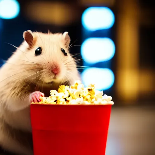 Image similar to photo of a hamster standing next to a bucket of popcorn, in a cinema, various poses, unedited, soft light, sharp focus, 8 k