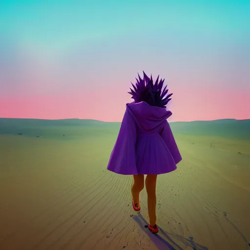 Image similar to portrait, giant purple dahlia flower head, girl walking between dunes, surreal photography, sunrise, blue sky, dramatic light, impressionist painting, digital painting, artstation, simon stalenhag