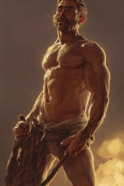 Prompt: portrait of a rugged shiny oil rigger, muscular, upper body, hairy torso, D&D, fantasy, intricate, elegant, highly detailed, digital painting, artstation, concept art, matte, sharp focus, illustration, art by Artgerm and Greg Rutkowski and Alphonse Mucha