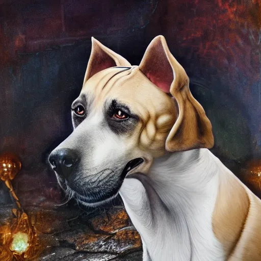 Image similar to hyperrealistic mixed media painting of Hitler as a dog, stunning 3d render inspired art by P. Craig Russell and Barry Windsor-Smith, 8k octane beautifully detailed render, post-processing, extremely hyperdetailed, intricate, epic composition, grim yet sparkling atmosphere, cinematic lighting + masterpiece, trending on artstation, very detailed, masterpiece, stunning