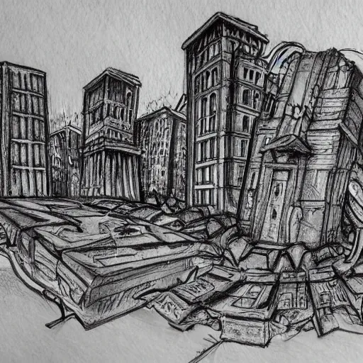 Image similar to a world fallen by disease, cities completely wasted away, nature taken over and grow over buildings, high quality sketch art