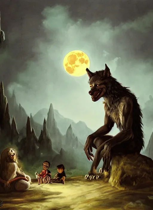 Image similar to a painting of a werewolf at night sitting next to a human child in front of full moon, fantasy art, matte painting