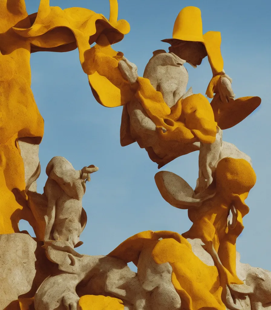 Image similar to a cowboy turning into blooms by slim aarons, by zhang kechun, by lynda benglis. tropical sea slugs, brutalist monumental angular sharp tractor tires. complementary colors. warm soft volumetric dramatic light. national geographic. 8 k, rendered in octane, smooth gradients. sculpture by antonio canova. yellow accents.