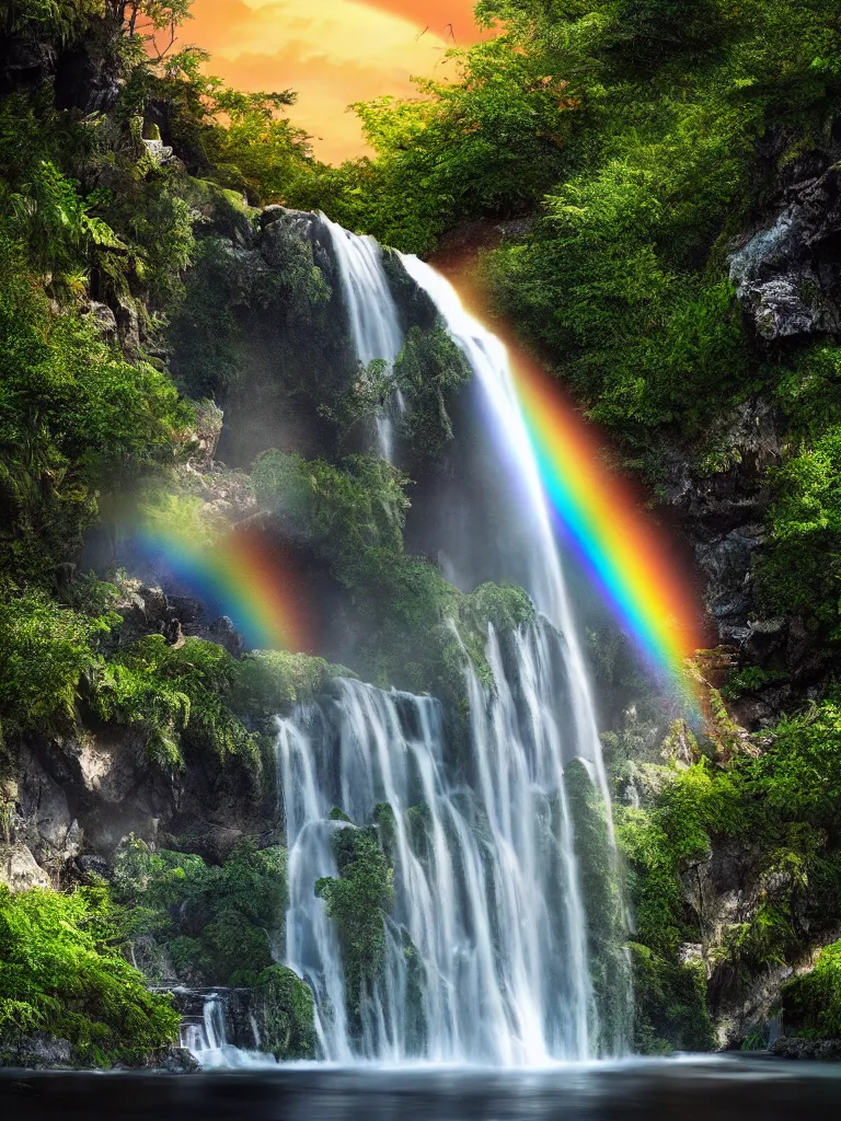 Prompt: poster art of waterfall cascading onto rocks, small rainbow emerging in background, ethereal, beautiful scenery, intricately meticulously detailed, amazing, glitter, 8 k render octane high definition