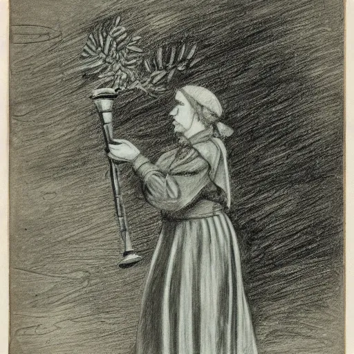 Prompt: dark green pencil sketch of a norwegian woman in traditional dress blowing a long vuvuzela towards a distant pine forest