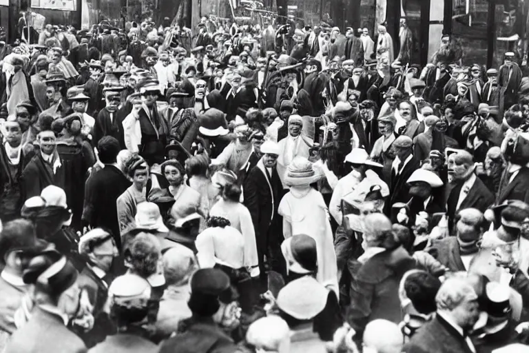 Prompt: a time traveler dressed in a futuristic experimental suit, among a crowd. in a black and white historical picture from 1 9 2 0,