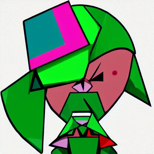 Prompt: low poly video game character with a round pink head, a green mohawk, green eyebrows and a long red pointy nose