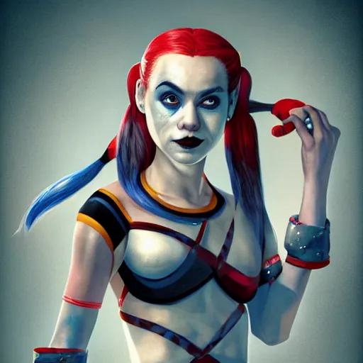 Prompt: Harley Quinn as a beautiful young ape kid with long pony tails on either side of her head, illustration, comic, by James Jean, artgerm, octane render, by John Coltrane and Marc Simonetti, kinemacolor, colorful, high detail of the face, full body