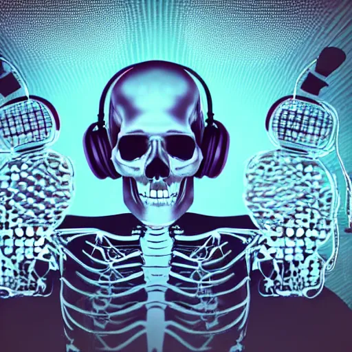 Prompt: skeleton with headphones playing synthesizers, honeycomb skull, lights, lasers, music, highly detailed, realistic, technology and magic,