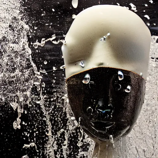 Image similar to styrofoam head being doused in a sink full of metallic chrome water, flash enabled, wide angle, chromatic abberation, cursed image, 2003 Flickr