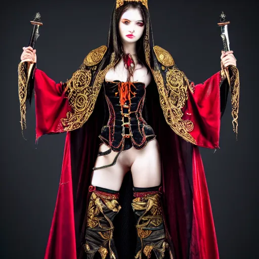 Image similar to full length photo of a very beautiful!! vampire warrior queen with ornate robes, highly detailed, 4 k, hdr, smooth, sharp focus, high resolution, award - winning photo