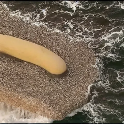 Prompt: cnn news footage of giant donald stump, blond hair being washed up on shore, view from above, tv