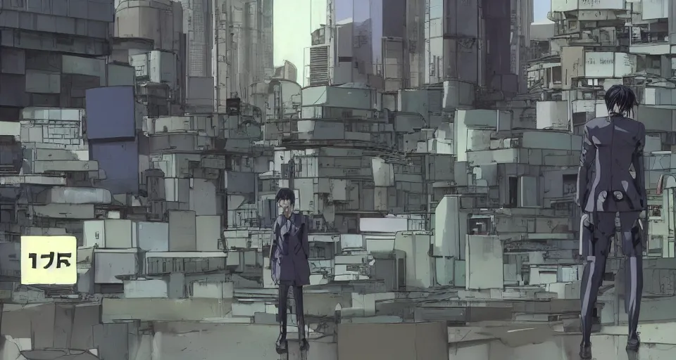 Image similar to Scene within the location called 'Public security section 9'. Cyber anti-crime background environment. Screenshot from an episode of the anime 'Ghost in the shell: Stand Alone Complex' (2003). Produced by 'Production I.G'. Original manga by Masamune Shirow. Art direction by Kazuki Higashiji and Yuusuke Takeda.