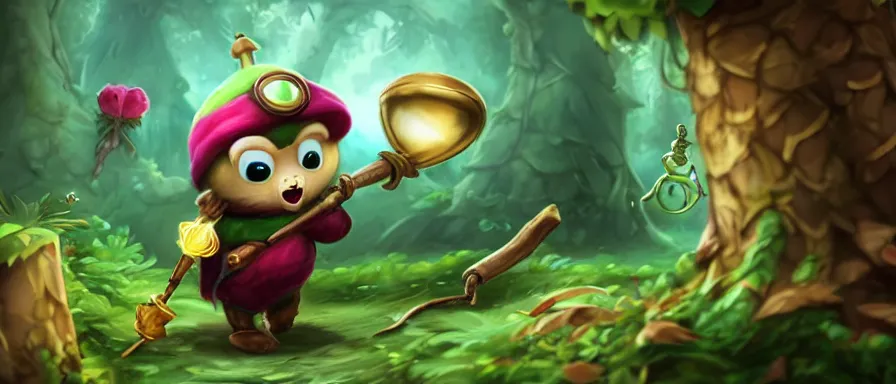 Prompt: Teemo is holding an hourglass in the enchanted forest