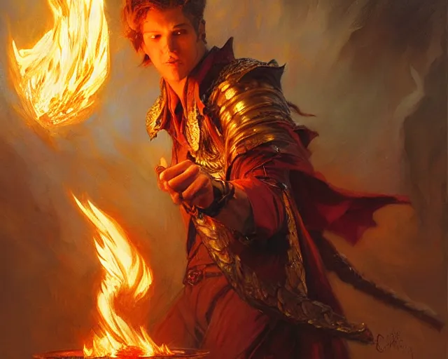 Image similar to attractive male wizard casting powerful fire spell. highly detailed painting by gaston bussiere, craig mullins, j. c. leyendecker 8 k