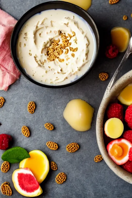 Prompt: poorly lit photography of mayonnaise thickly slathered on a bowl of fruity breakfast cereal